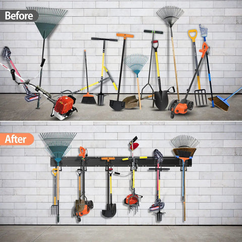 Before and after using the 48 Inch Garage Tool Organizer Wall Mounted Storage Rack With Six Double Layer Hooks for tidy arrangement.