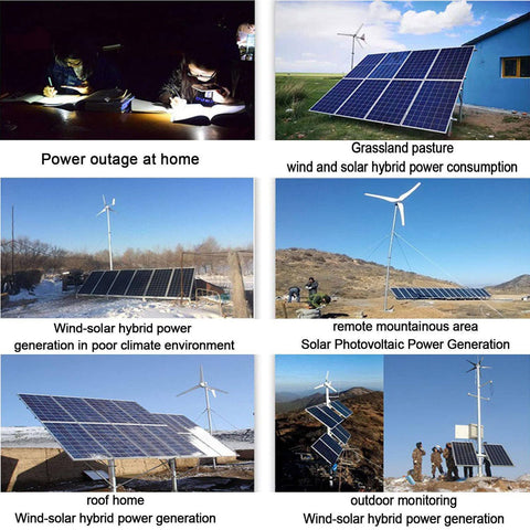 Various installations of Beefed Up Hybrid Wind And Solar Charge Controller 6000W To 14000W showing off-grid applications