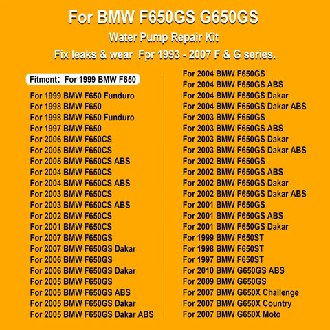 BMW Water Pump Repair Kit For F650GS G650GS with bike model list from 1993 to 2007 on yellow background