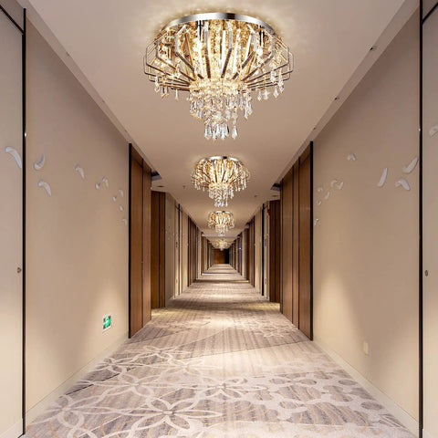 Elegant hallway with multiple Six Light Crystal Chandelier Ceiling Light Fixture Modern Flush Mount With Sparkling Crystals.