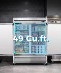 Heavy Duty Commercial Reach In Freezer 49 Cu Ft Built Solid For Bulk Grocery Stash with opened doors and visible contents.