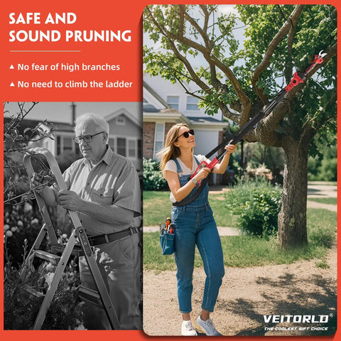 User trimming tree with Two In One Cordless Pole Pruner With 15 Ft Reach Brushless Motor Dual 2000mAh Batteries 30 Mm Cutting Capacity