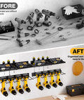 Before and after of Heavy Duty Wall Mount Tool Organizer Four Pack Set with Dual Racks and Eight Drill Slots.