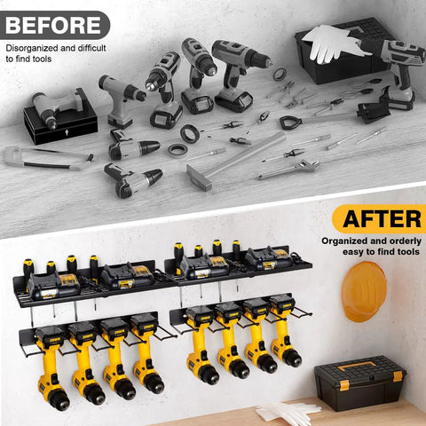 Before and after of Heavy Duty Wall Mount Tool Organizer Four Pack Set with Dual Racks and Eight Drill Slots.