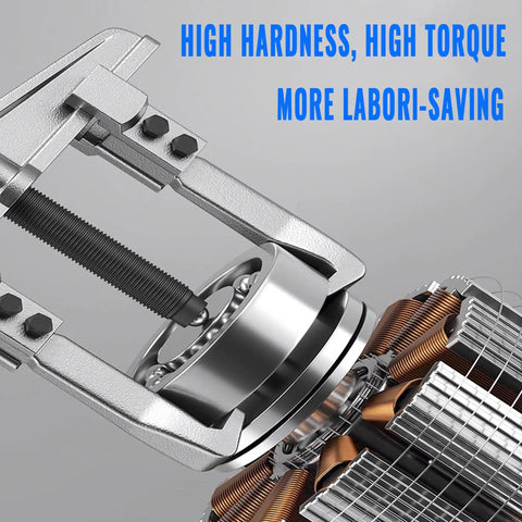 Close-up of 3 In 1 Gear Puller Set With 9 Piece Beefy Heavy Duty Cr V Steel Pro Grade Kit removing a bearing from machinery.