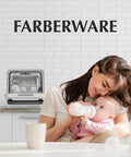 Portable Compact Countertop Dishwasher With Built In Five Liter Water Tank Plug And Play Quick Cycles Renters Approved For Tiny Apartments Rv Camper Dorm Spaces Cleans Plates Glasses And Baby Bottles No Sweat, displayed in a cozy kitchen setting with a mother and infant.