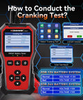 All-In-One 6V 12V 24V Battery Tester For Cars, Trucks, And Bikes With Built-In Reverse Polarity Protection, Test Range 10-2000 CCA Across Flooded, AGM, Gel, EFB, And Lithium displaying cranking test screens
