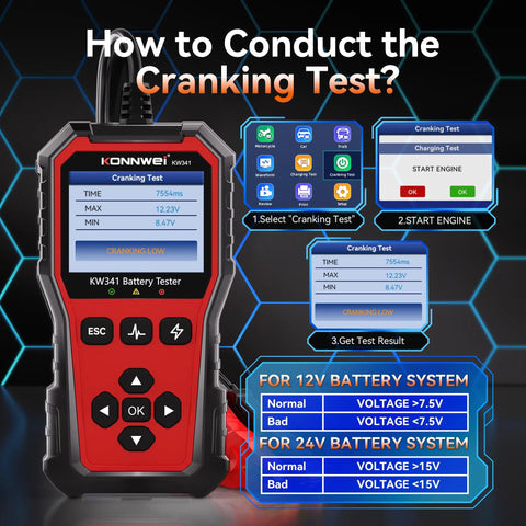 All-In-One 6V 12V 24V Battery Tester For Cars, Trucks, And Bikes With Built-In Reverse Polarity Protection, Test Range 10-2000 CCA Across Flooded, AGM, Gel, EFB, And Lithium displaying cranking test screens