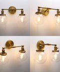 Vintage Double Sconce Wall Light With 5.9 Inch Clear Glass Globe, Modern Hardwired Bath Decor shown from various angles