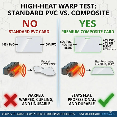 High-Heat Warp Test comparing Standard PVC and Premium Composite ID Cards. Features card materials and heat resistance. Top Shelf Blank Composite ID Cards For Retransfer Printers 30 Mil Pvc Pet Blend Cr80 Heavy Duty White Badge Stock With Slick Coating And Built Tough Durability For High Volume Hustle.