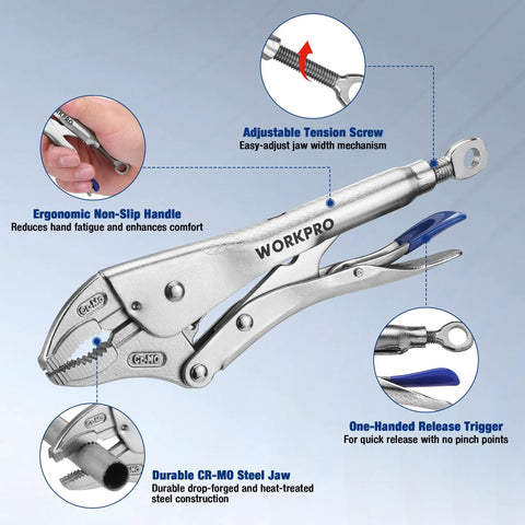 10 Inch Curved Jaw Locking Pliers With Screw Extractor, CR-MO Steel Build, highlighting adjustable tension screw and ergonomic handle
