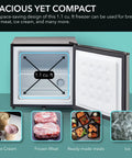 Compact Upright Freezer With Secure Lock, 1.1 Cu Ft Stainless Steel Mini Icebox For Kitchen Garage Or Dorm, Removable Slide Out Shelf, Grab This Badass Cooler Stash Keeper For Quick Chills with open door and shelves.