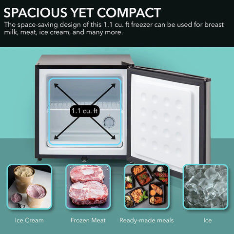 Compact Upright Freezer With Secure Lock, 1.1 Cu Ft Stainless Steel Mini Icebox For Kitchen Garage Or Dorm, Removable Slide Out Shelf, Grab This Badass Cooler Stash Keeper For Quick Chills with open door and shelves.
