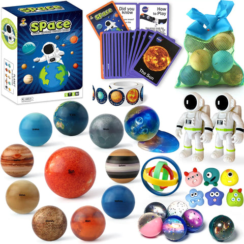 Solar System Planets STEM Toys For Kids Kid Friendly Non Toxic Sensory Space Set With 10 Planets Moon And Sun, 6 Space Bouncing Balls