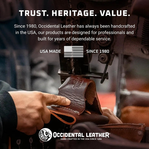 Craftsman stitching leather product with American flag, slogan "Trust. Heritage. Value." for Clip-On 4 In 1 Tool Tape Holder With 4x Capacity.