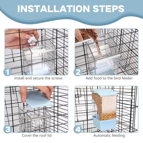 Installation steps for No Sweat Hassle Free Automatic Bird Feeder With Green Comfort Perch For Cage.