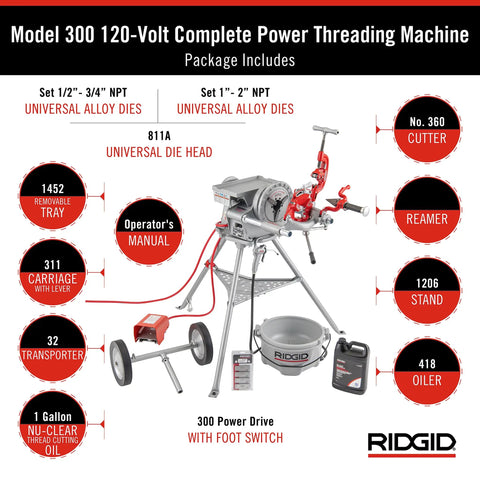 Model 300 Power Drive Complete Pipe Threading Machine, 38 RPM, with universal alloy die heads, oiler, stand, and tray