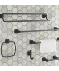 Townsend 24 Inch Double Towel Bar In Brushed Nickel Built From Durable Brass on hexagonal tile wall with towel and accessories