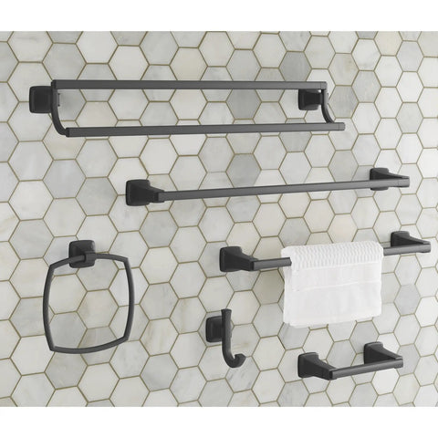 Townsend 24 Inch Double Towel Bar In Brushed Nickel Built From Durable Brass on hexagonal tile wall with towel and accessories