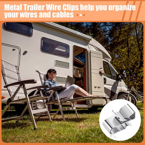 Tough As Nails Stainless Steel Trailer Frame Wire Clips Heavy Duty Cable Clamps Corrosion Resistant Build securely bundle auto and rv wiring harnesses with no sweat setup 50 piece pack, shown outdoors with a woman using a laptop.