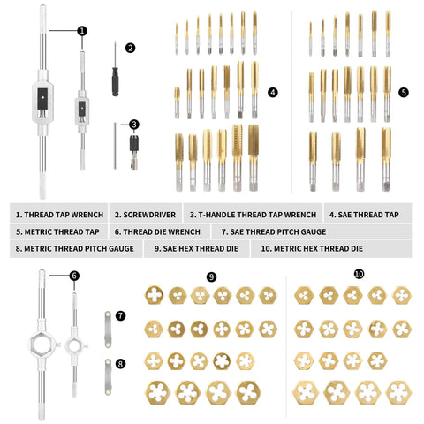 Die And Tap Set For External And Internal Threads In SAE And Metric Sizes Includes Thread Wrench And Thread Pitch Gauge 86 Piece Gauge Kit