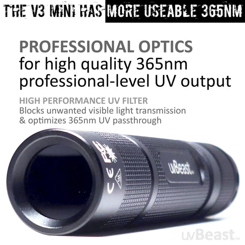 V3 365nm Mini Black Light UV Flashlight Dope Portable Powerhouse With 5 Core UV LED in black with professional optics text
