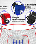 Close-up of 7x7 Ft Baseball And Softball Practice Net with detachable bow frame and fixed hook, adjustment buckle, triangle reinforcement.