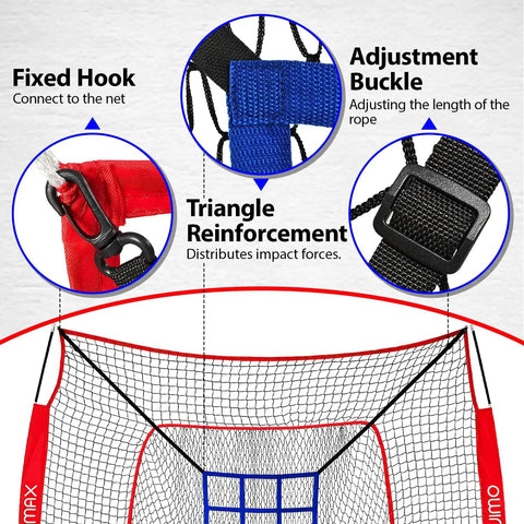Close-up of 7x7 Ft Baseball And Softball Practice Net with detachable bow frame and fixed hook, adjustment buckle, triangle reinforcement.
