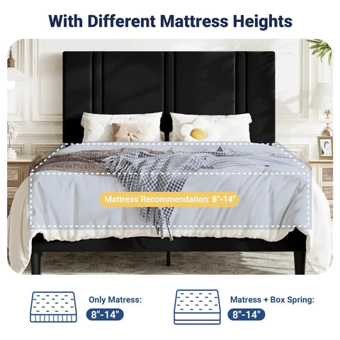 Queen Platform Bed Frame With Adjustable Velvet Headboard And Ultra Comfy Upholstery For Your Chilled Bedroom Sanctuary showing mattress height options.