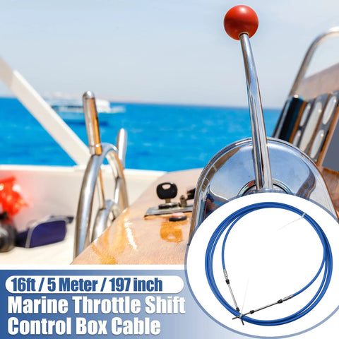 Marine Throttle And Shift Remote Control Box Cable 16ft 5m 197 Inch Blue setup on boat with ocean backdrop