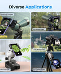 Phone Adapter With 360 Rotating Mount For Android And iPhone showing diverse applications on scopes and microscopes