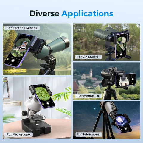 Phone Adapter With 360 Rotating Mount For Android And iPhone showing diverse applications on scopes and microscopes