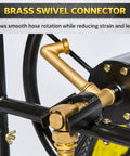 Close-up of brass swivel connector on Heavy Duty Hose Reel Cart With Wheels Capacity Up To Two Hundred Fifty Feet Of Five Eighth Inch Hose Sturdy Metal Frame Portable Outdoor Water Hose Storage For Backyard Garden Or Lawn Easy Roll And Tidy Caddy.
