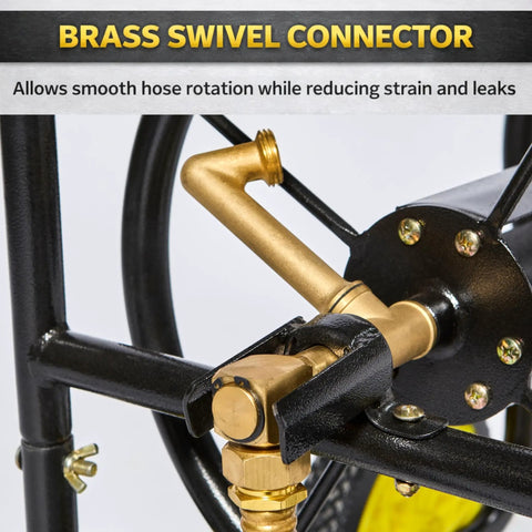 Close-up of brass swivel connector on Heavy Duty Hose Reel Cart With Wheels Capacity Up To Two Hundred Fifty Feet Of Five Eighth Inch Hose Sturdy Metal Frame Portable Outdoor Water Hose Storage For Backyard Garden Or Lawn Easy Roll And Tidy Caddy.