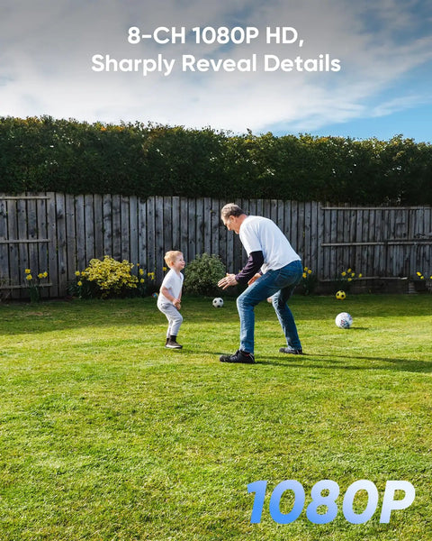 Father and child playing in backyard, showcasing 8 Channel 1080P Home Surveillance System With 4 Weatherproof TVI CCTV Cameras