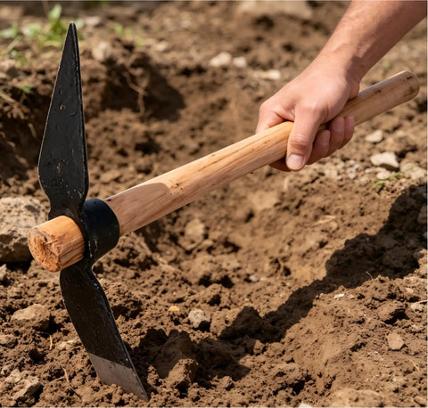 Person using Multipurpose Garden Pick Axe Do It All For Digging Weeding Seeding Turning Soil Mining High Carbon Steel Blade Wood Handle