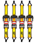 Heavy Duty Ratchet Tie Down Straps 4 Pack 16 Ft By 1.5 Inches With Rubber Soft J Hooks, yellow straps with j hooks and ratchet buckles.