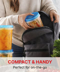 Person placing Leakproof 10 Pack 32 Ounce Freezer Storage Containers With Twist Top Lids BPA Free Reusable Food Storage in backpack