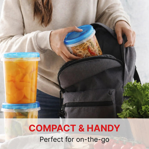 Person placing Leakproof 10 Pack 32 Ounce Freezer Storage Containers With Twist Top Lids BPA Free Reusable Food Storage in backpack