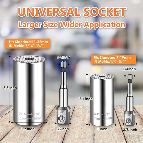 Universal Socket Wrench Set With Three Eighths Inch Ratchet And Drill Adapter Chrome Vanadium Steel Repair Tool Kit sizes