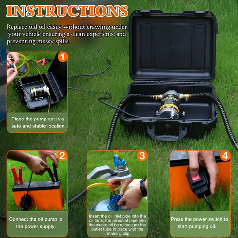 12V 100W Oil Transfer Pump Set With Durable Aluminum Head, Quick 1-4 LPM Flow shown in use on grass with instructions