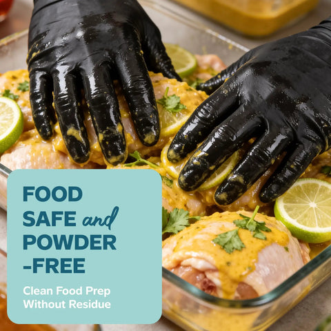 Solid Black Nitrile Gloves One Hundred Count Large Heavy Duty Powder Free Latex Free used for marinating chicken in a glass dish.