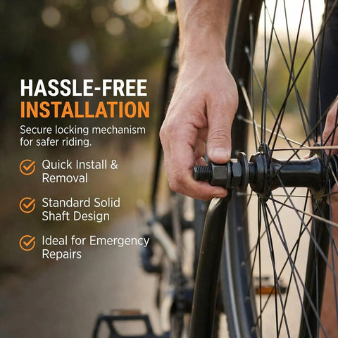 Close-up of hand installing 1 Pair Front And Rear Bicycle Solid Axle Set With 14cm Front And 18cm Rear Shafts on bike