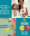 Young Scientist Microscope Kit With 720X Magnification, LED Light, Prepared And Blank Slides, Audio Learning Content, Beginner Biology Gift For Kids Aged 6 Plus; child using microscope with prepared slides