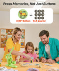 Family using Easy Peasy DIY Button Maker Kit for Badges and Key Chains with 75mm plastic pin press in green, on table.