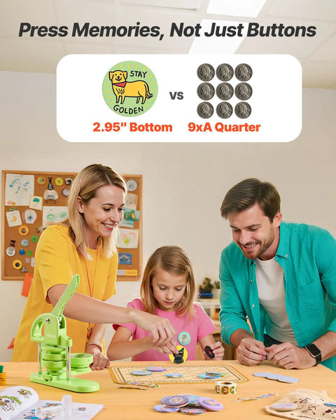 Family using Easy Peasy DIY Button Maker Kit for Badges and Key Chains with 75mm plastic pin press in green, on table.