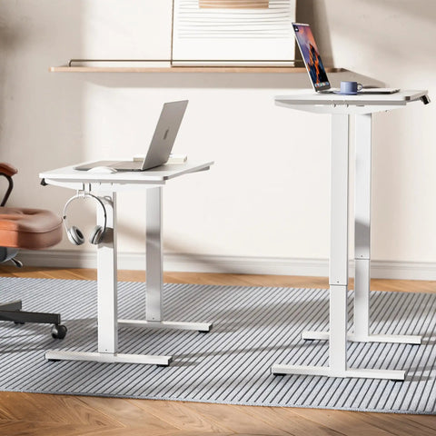 LongKe Electric Standing Desk 32X20 Inches Adjustable Height Sit Stand Desktop For Home Office Ergonomic Rising Computer Table Memory Preset White Sturdy Steel Frame Solid Wood Fsc Certified Smooth Height Adjustment with laptop.