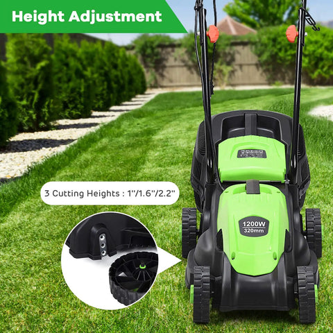 Power Through Your Yard With This 12.5 Amp 1200W Corded 13 Inch Push Lawn Mower That Cuts Clean, Tames Thick Grass, And Starts Easy, A Lightweight Green Machine Built For Quick, No Fuss Yard Maintenance. green electric lawn mower with height adjustment and 3 cutting heights
