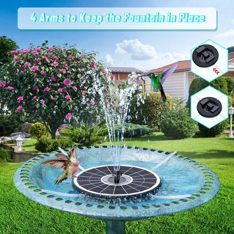Remote Control Solar Water Fountain With IR Remote, No Wiring Needed, 6W Solar Pump, in bird bath with hummingbirds.