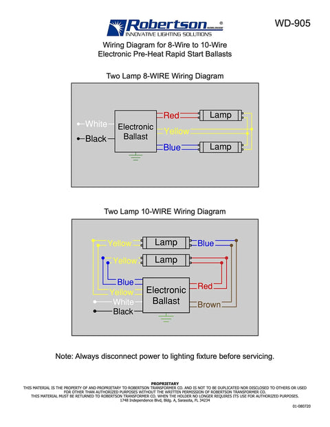 Wiring diagram for Quik-Pak 10-Pack Fluorescent EBallasts For 2 F40T12 Linear Lamps, Preheat Rapid Start, 120V AC.